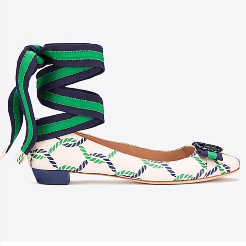 Tory Burch Maritime ankle wrap white navy green ballet flats 6.5 Isle - Picture 1 of 16
